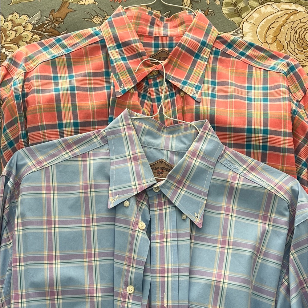 Two Bill’s Khaki Cotton EUC Vibrant Plaid Men's Shirts  - Coral and Sky Blue